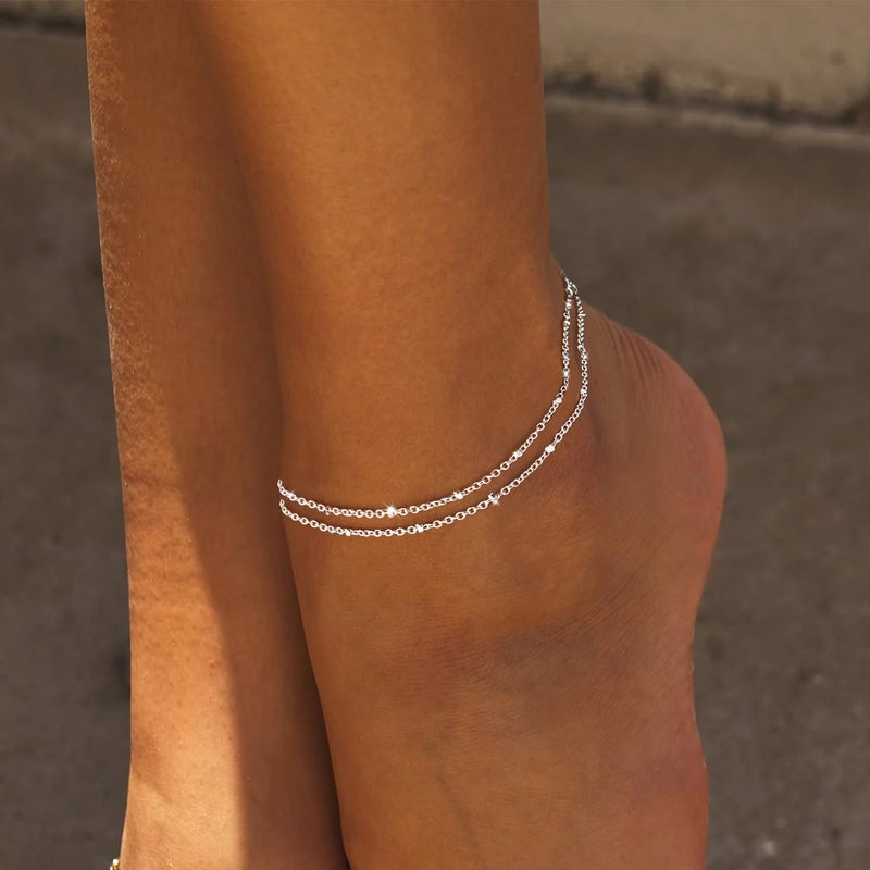 Robaice Ankle Bracelets for Women, Glitter Waterproof Adjustable Anklet for Women, 14K Gold Plated/Sterling Silver Layered Anklets, Summer Beach Anklet Jewelry for Women Gift - Image 3